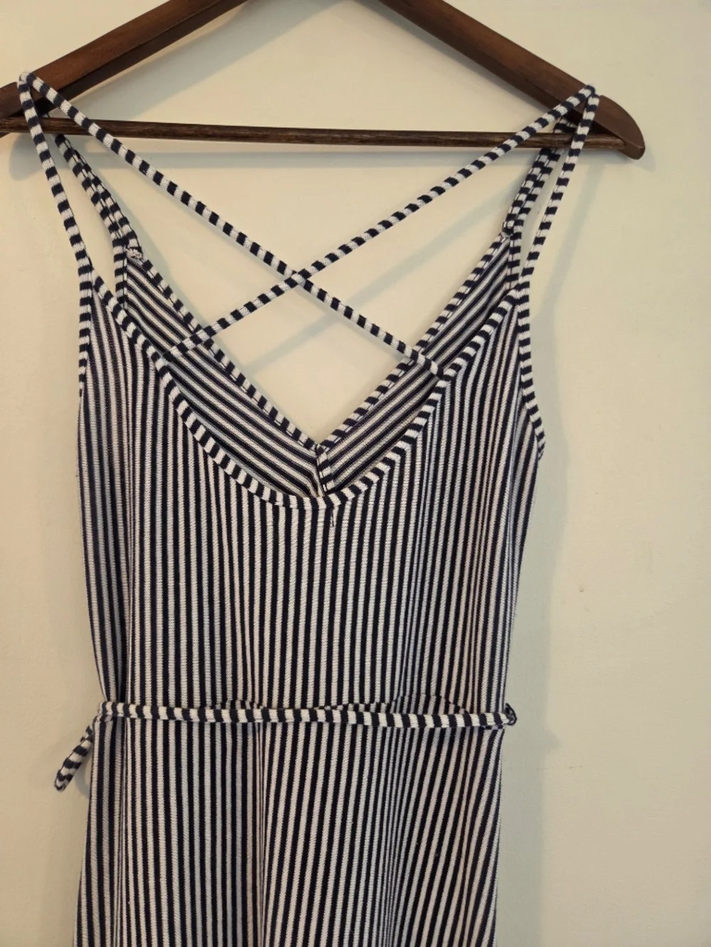 Striped faux wrap blue/white stripe long midi dress S summer coastal preppy knit - Picture 9 of 13